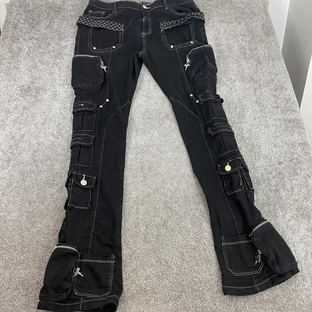 GUAPI Pants Mens 38 Emo Cyber Y2K Cargo Tactical Flare Contrast Stitch Pockets